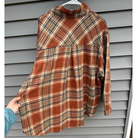 Umgee 1XL Burnt Orange Rust Plaid Hi-Lo Loose Fit Flannel Button Down Shacket - Picture 11 of 12